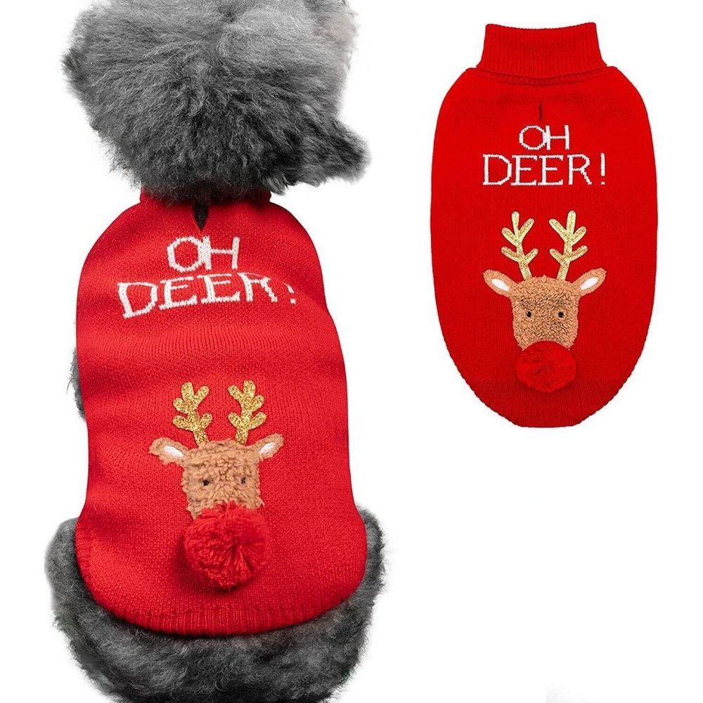 cyeollo Dog Christmas Sweater Reindeer Costume Turtleneck Knitted / Leash Hole